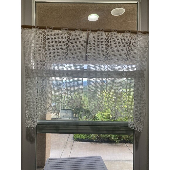 Vintage Handmade Crochet White Swag Valance Curtain Butterflies 2 Panels - Picture 2 of 7